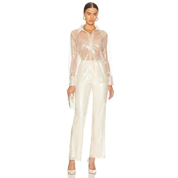More To Come Pants - More To Come Revolve Ivory Sequin 2 Piece Sheer Button Down Shirt Pants Set M/L